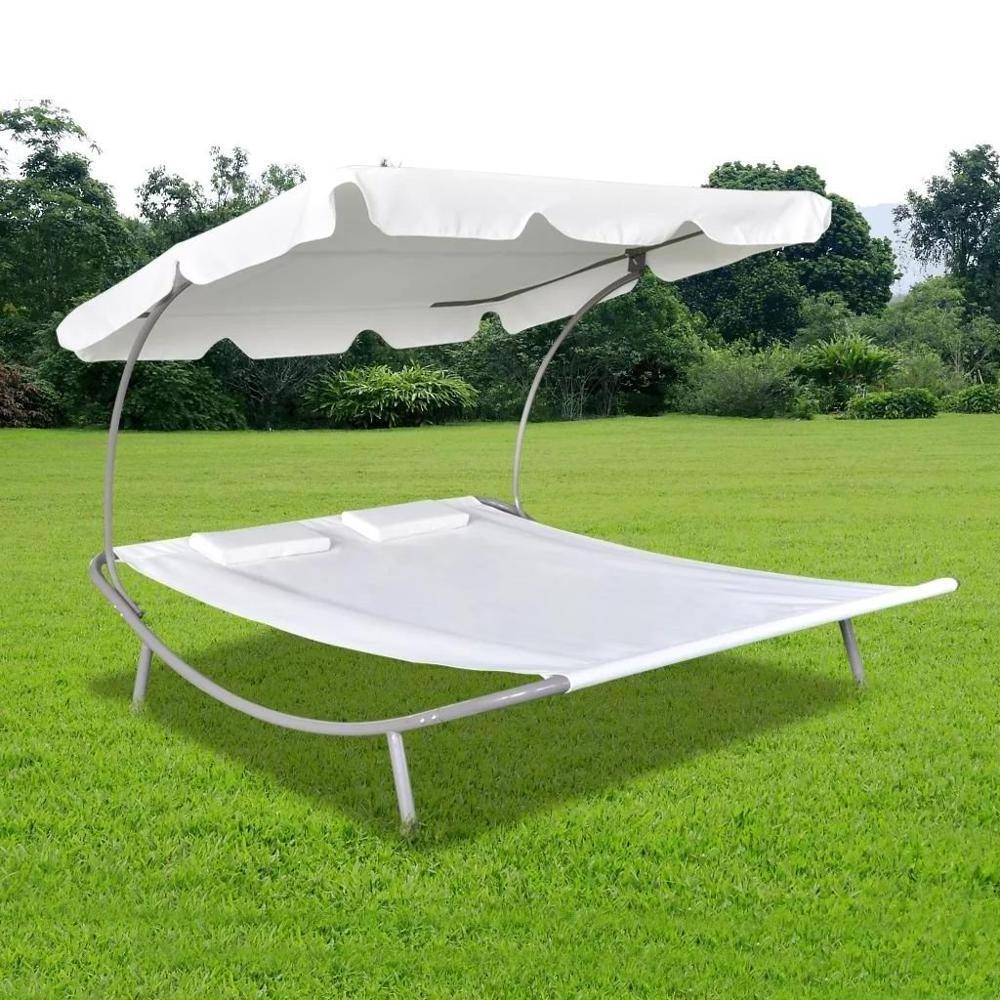 2-Person Outdoor Sunbed with Canopy and Pillow Steel Frame Daybed Chaise Lounger Patio Garden Backyard Poolside Balcony