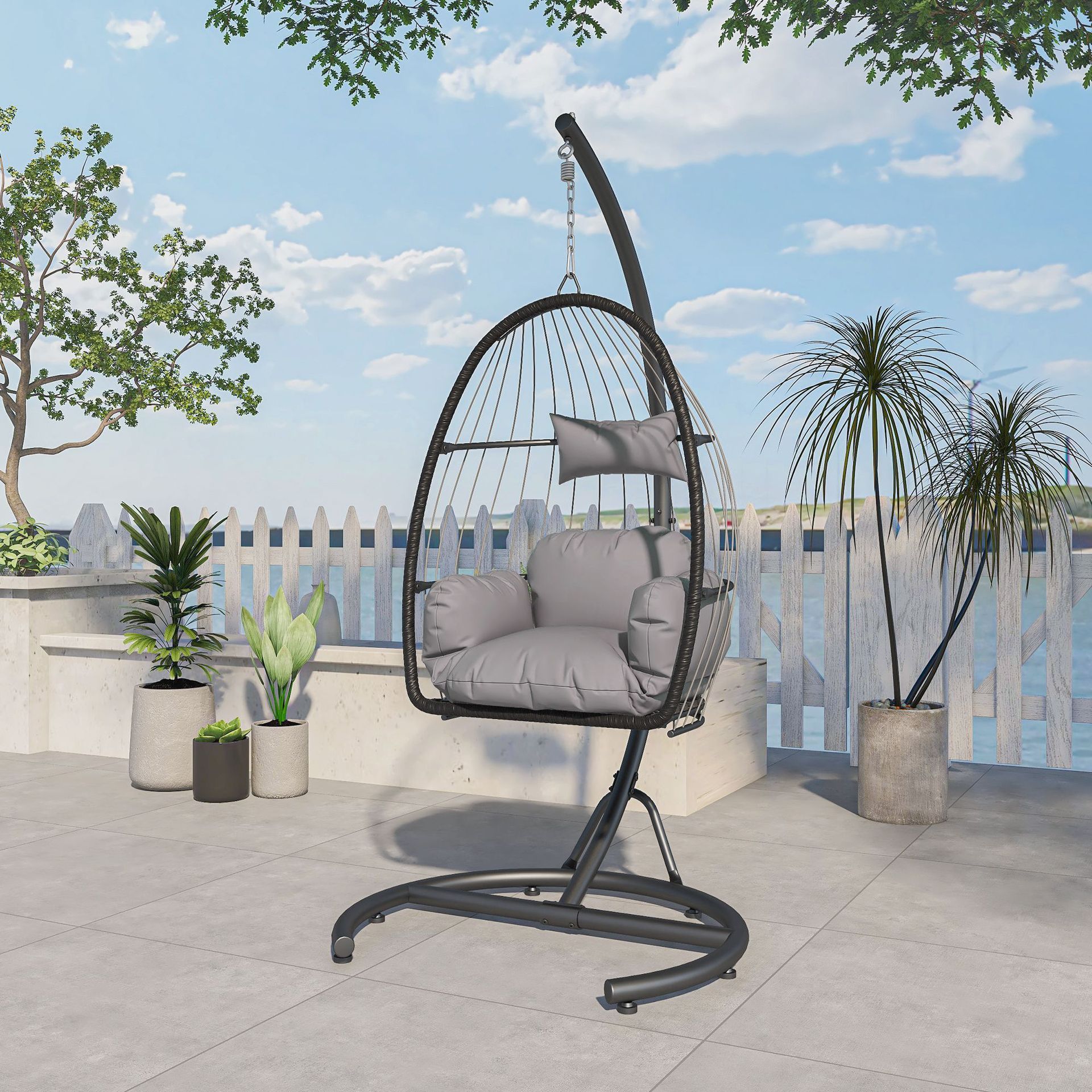 Hitree 2024 New Outdoor Rattan Chair Metal Base Rattan Chair Patio Swings Rattan Hanging Egg Chair With Frame