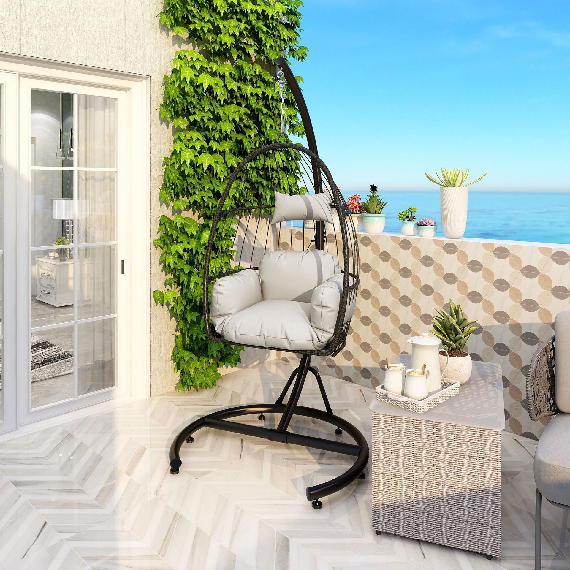 Hitree 2024 New Outdoor Rattan Chair Metal Base Rattan Chair Patio Swings Rattan Hanging Egg Chair With Frame