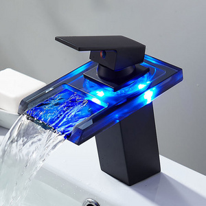 New Full Copper Black Vanity Faucet Hot And Cold Waterfall LED Light Basin Faucet Water Temperature Sensor Faucet