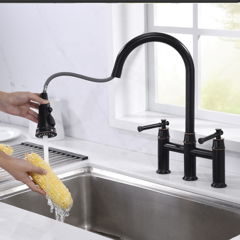 Kitchen Faucet Mixer Supplier 2-Handle Bridge Pull Down Sprayer Kitchen Sink Faucet Gold Faucet