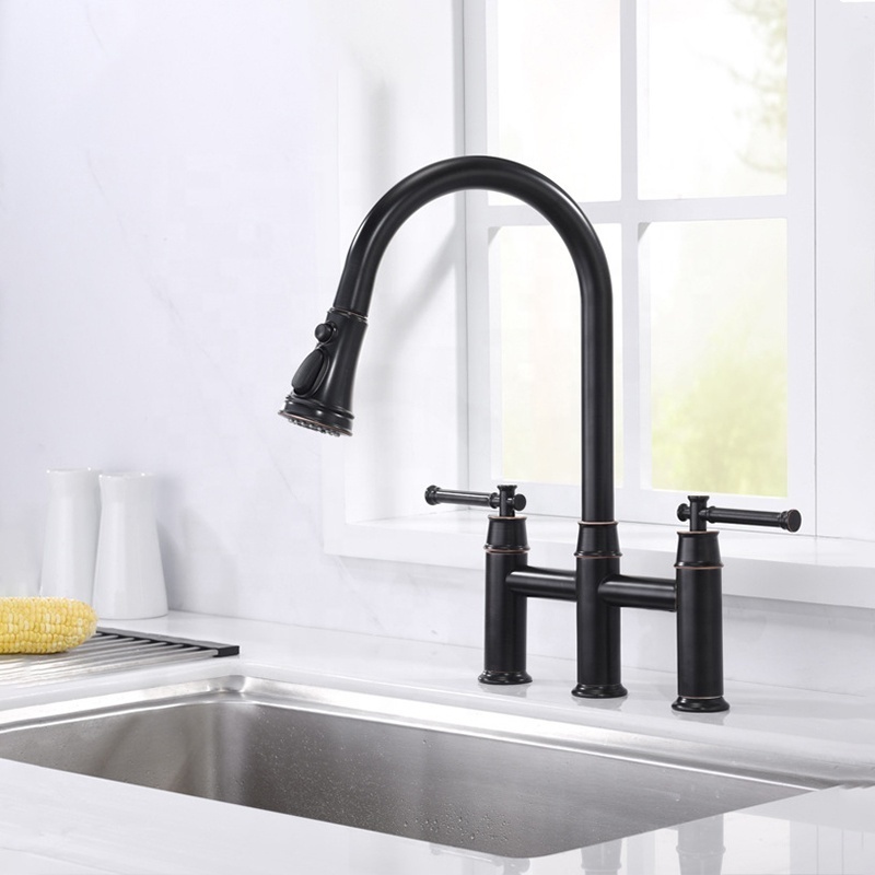 Kitchen Faucet Mixer Supplier 2-Handle Bridge Pull Down Sprayer Kitchen Sink Faucet Gold Faucet