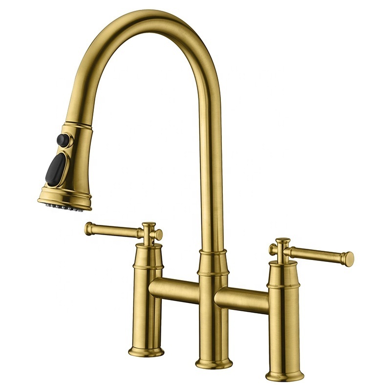 Kitchen Faucet Mixer Supplier 2-Handle Bridge Pull Down Sprayer Kitchen Sink Faucet Gold Faucet