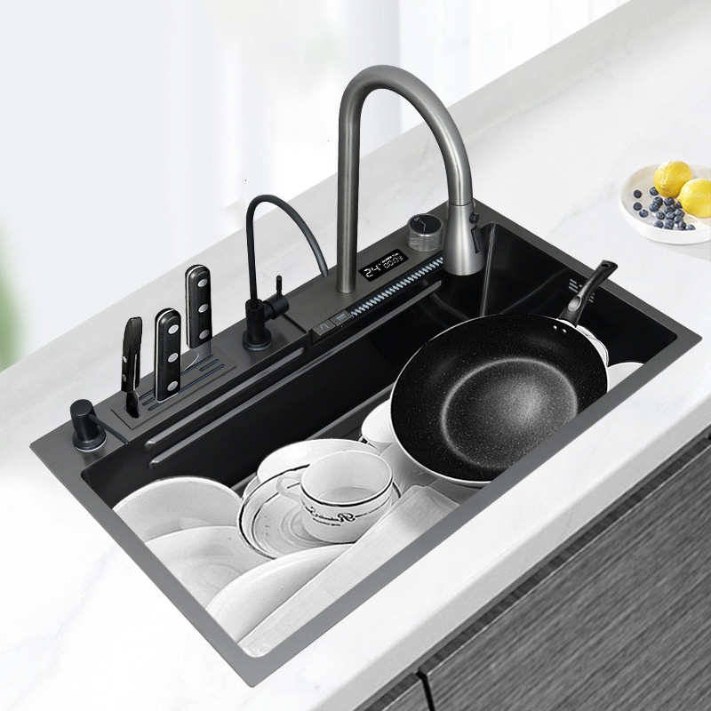 Contemporary New Nano Black Kitchen Sink Pullout Faucet Waterfall Stainless Steel Grey Modern Apartment Kitchen Basin Faucet