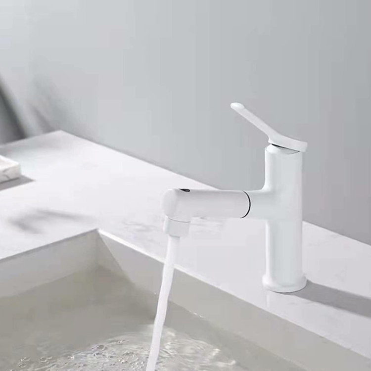 Luxury Single Handle Hot Cold Sprayer Stainless Steel Bath Sink Mixer Taps White Bathroom Tap Pull Out Basin Faucet