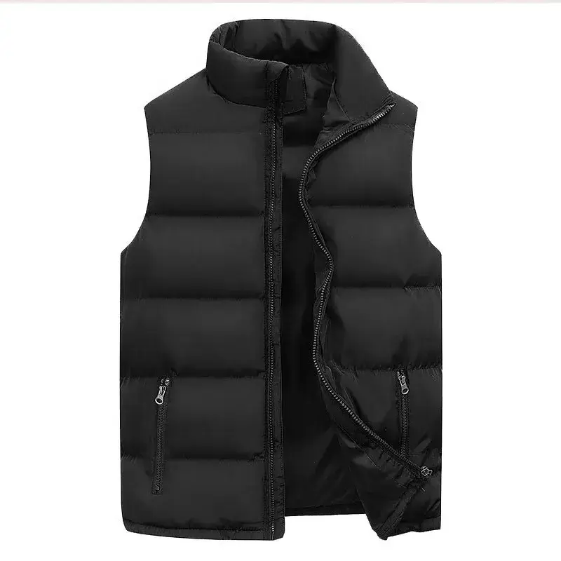 Men's Winter Warm Vest with Stand Collar Solid Color Loose Fit Zipper Pocket Streetwear Jacket Windproof Casual Sleeveless Tops