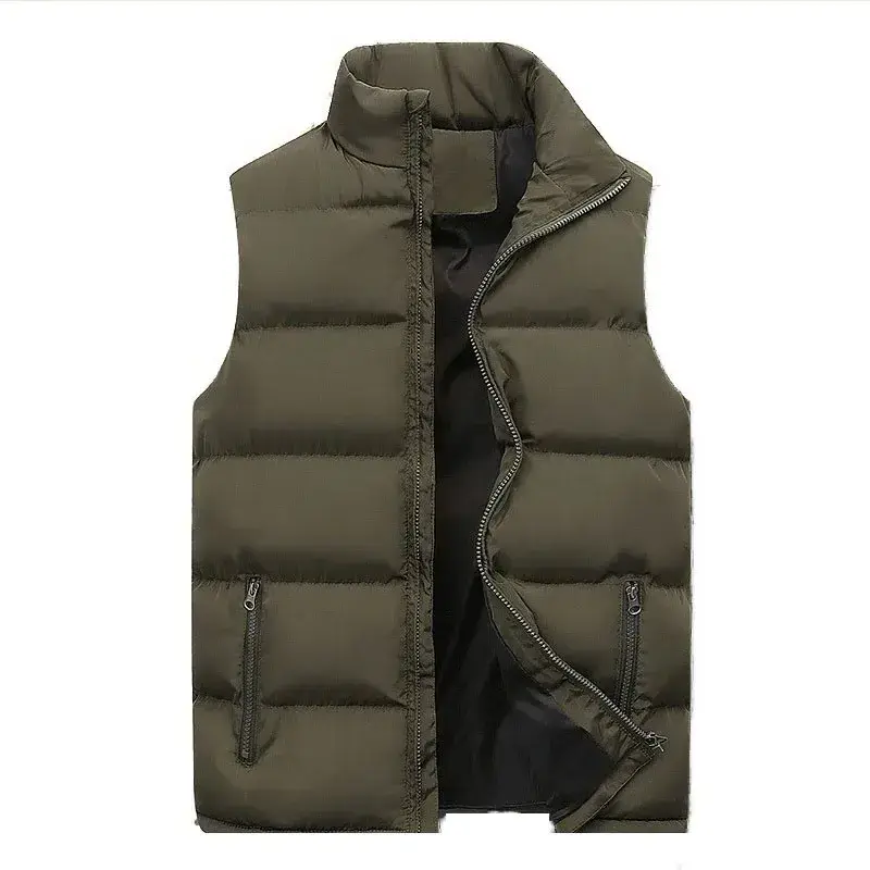 Men's Winter Warm Vest with Stand Collar Solid Color Loose Fit Zipper Pocket Streetwear Jacket Windproof Casual Sleeveless Tops