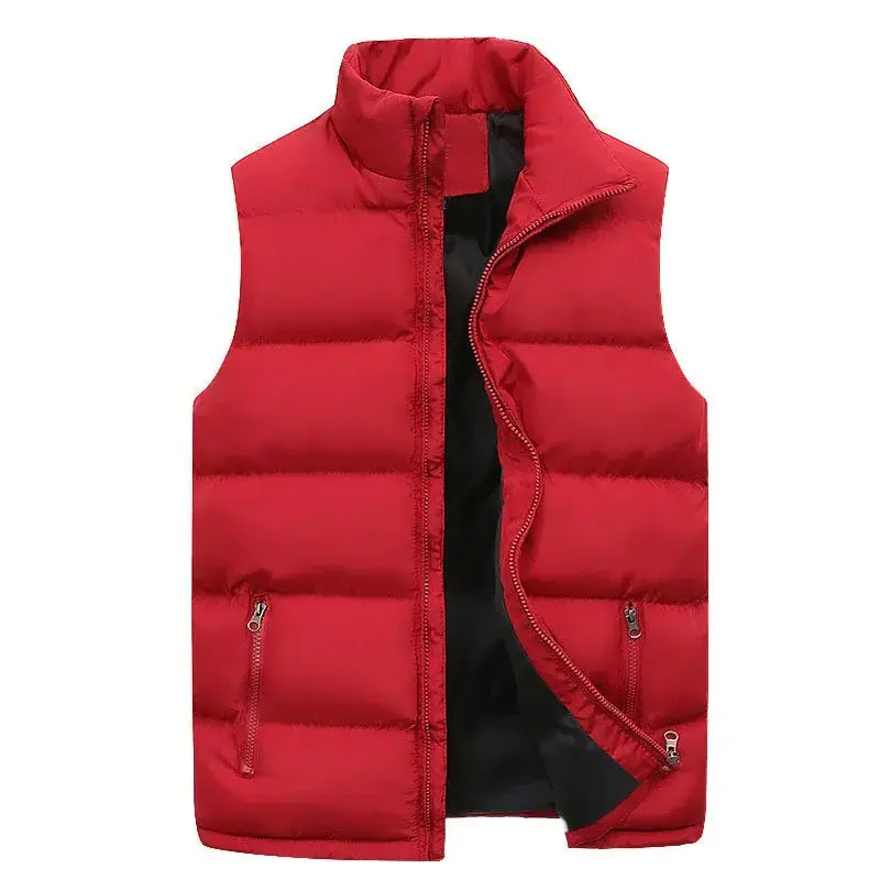 Men's Winter Warm Vest with Stand Collar Solid Color Loose Fit Zipper Pocket Streetwear Jacket Windproof Casual Sleeveless Tops