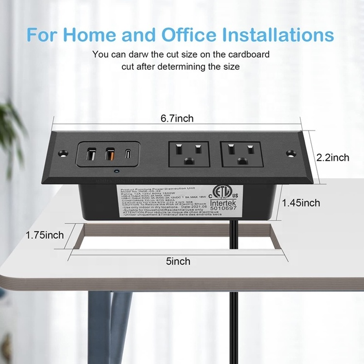 ETL Listed Recessed Power Strip USB C Fast Charge Flush Mount Desk Furniture Drawer Socket Conference Table Hidden Outlet