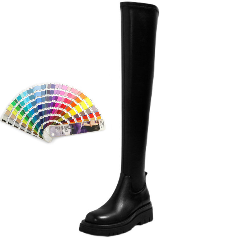 Elastic Boots Sexy Flat Leather Over Knee High Boots Black Thick-soled Autumn Winter Women Plaid Leather Rubber CJ-XZ-0285