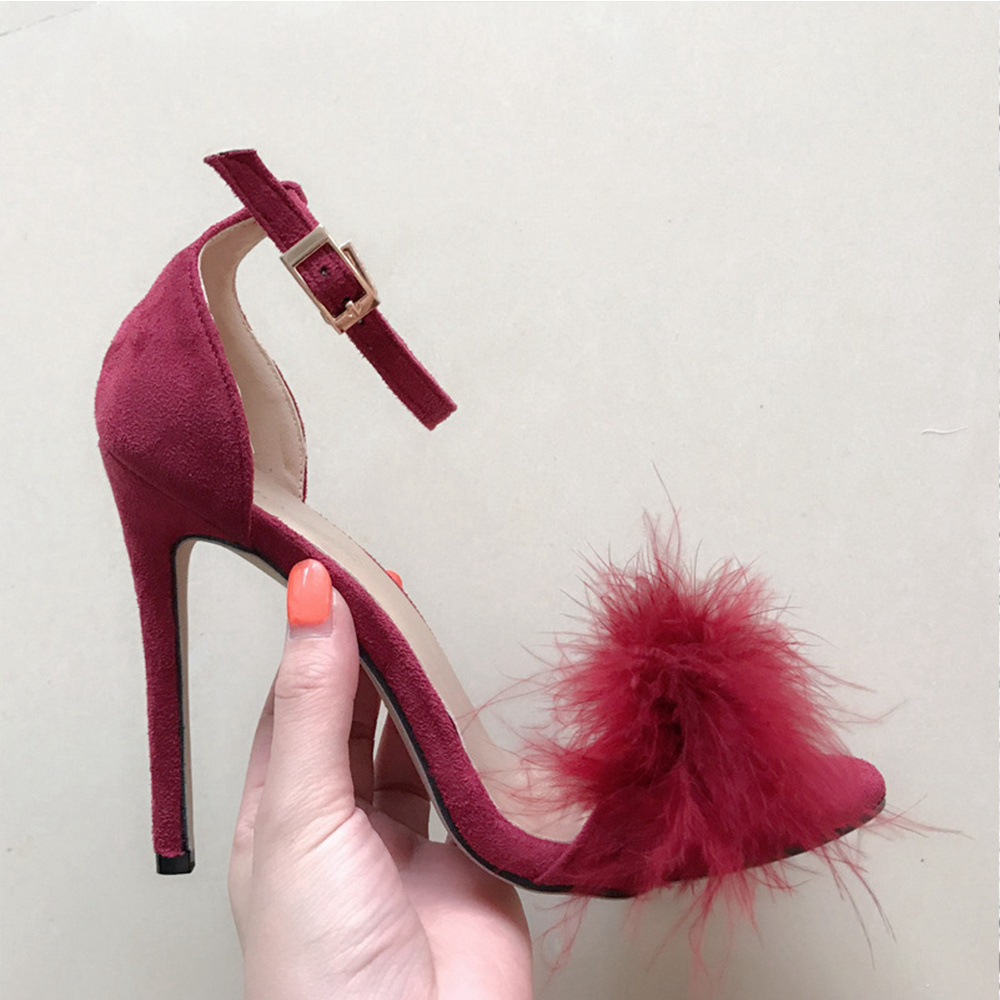 Superstarer 2022 open toe thin heel 11cm fish mouth fur sexy women high heel sandals with strap