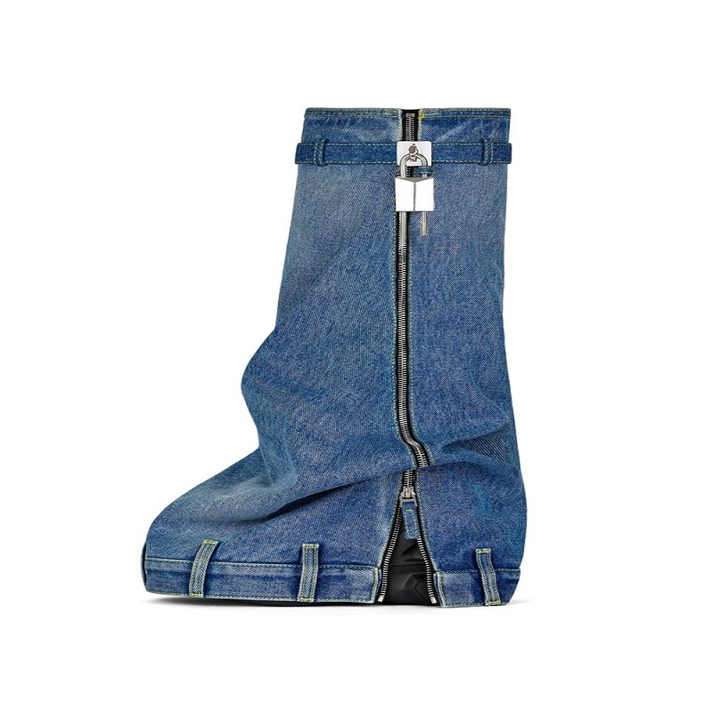 Metallic Lock Zipper Thick Soles Women Round Toe Slip-on Party Shoes cowboy denim knee high boots