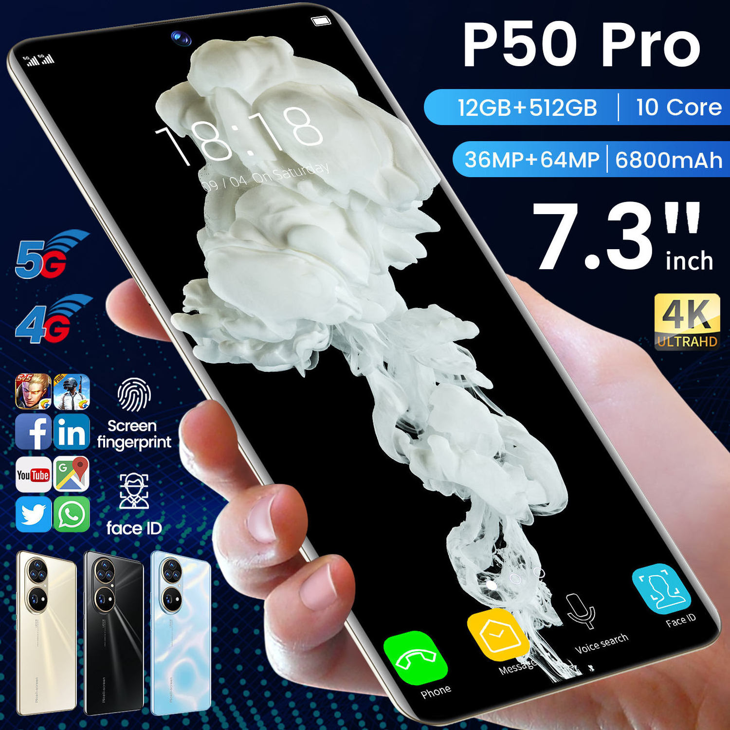 Incell HD Screen 2400*3200 Smartphone 12GB+512GB Mobile Phone P50 Pro 5G 10-core 7.3 Inch 5G Smart Phone Android 10 3040*1440