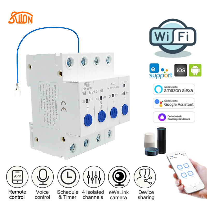 2023 New Ewelink WIFI Circuit Breaker Multi-channel Control without Metering 4P 63A Mini White 220V Tuya Mini Relay Smart Switch