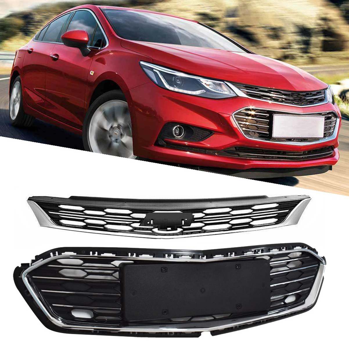 Front Upper & Lower Grilles Fit for Chevrolet Cruze 2016-2018 Bumper Grille Honeycomb Grill Mesh Chrome ABS Plastic Black