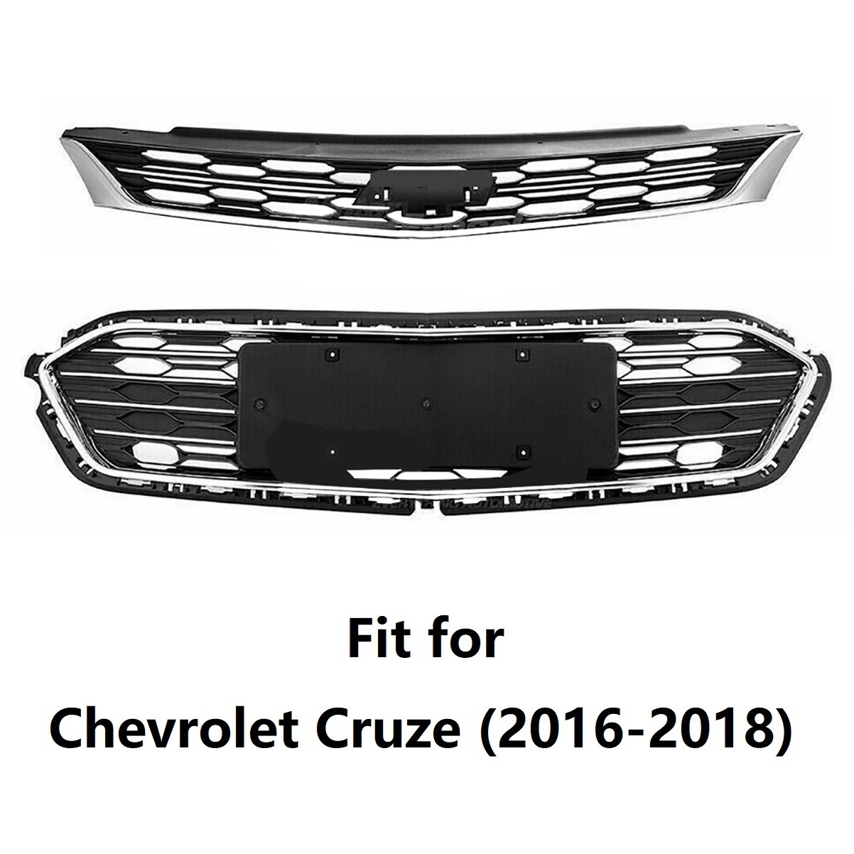 Front Upper & Lower Grilles Fit for Chevrolet Cruze 2016-2018 Bumper Grille Honeycomb Grill Mesh Chrome ABS Plastic Black