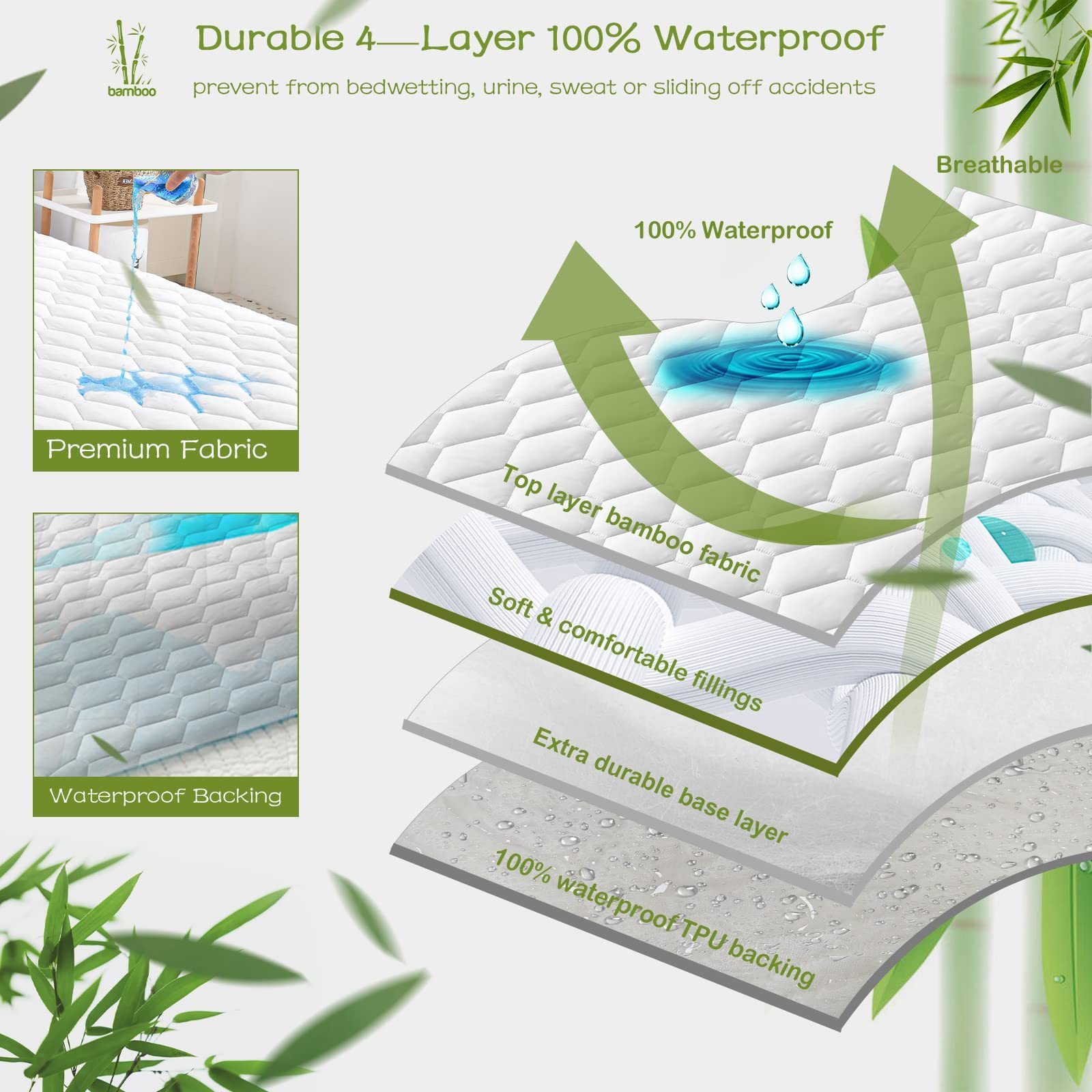 Cooling Quilted Fitted Mattress Pad Cover Bamboo Noiseless Bed Bug Mattress Protector Waterproof