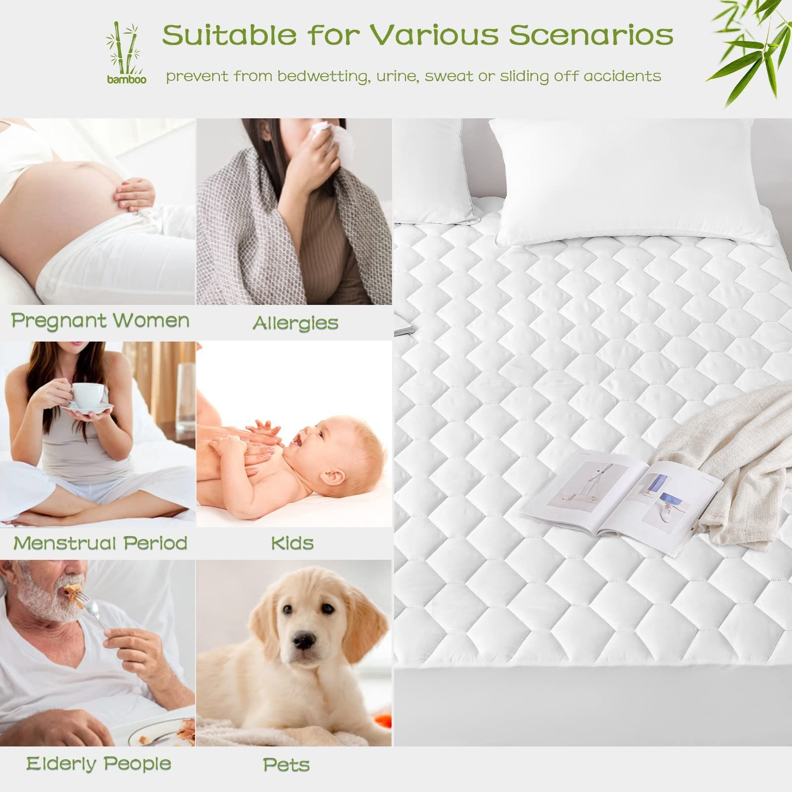 Cooling Quilted Fitted Mattress Pad Cover Bamboo Noiseless Bed Bug Mattress Protector Waterproof