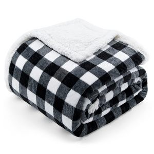 Christmas Sherpa Fleece Flannel Throw Blanket Super Soft Warm Buffalo Plaid Plush Blankets and Throws Black White 50" x 60"