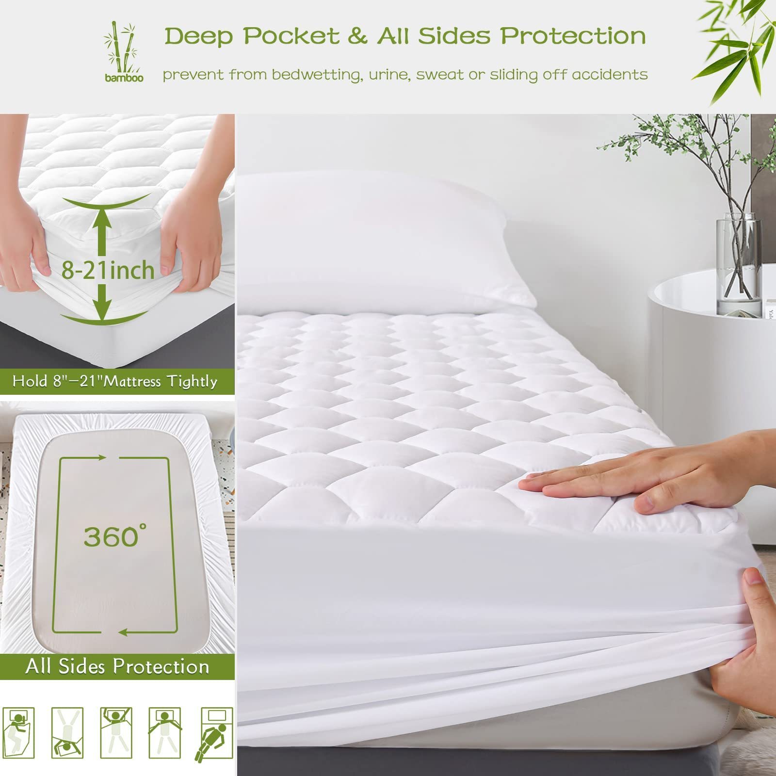 Cooling Quilted Fitted Mattress Pad Cover Bamboo Noiseless Bed Bug Mattress Protector Waterproof