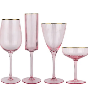 Wholesale Vertical stripe glassware gold rim goblet ribbed drinking wine glasses for hotel restaurant home