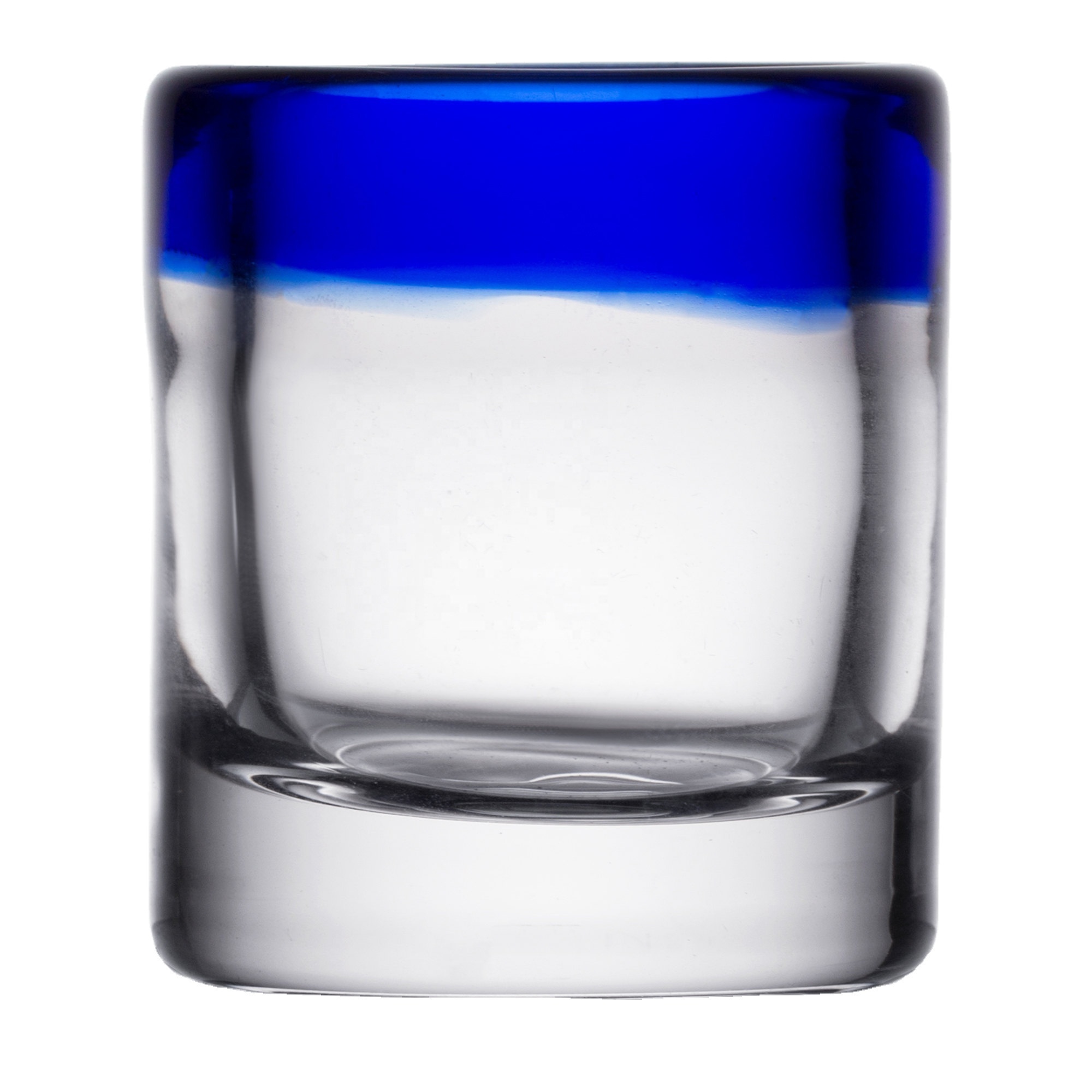 MEXICAN GLASSWARE Artisan Crafted Recycled Hand Blown 2.5 oz. Rocks Shot Glass with Cobalt Blue Rim