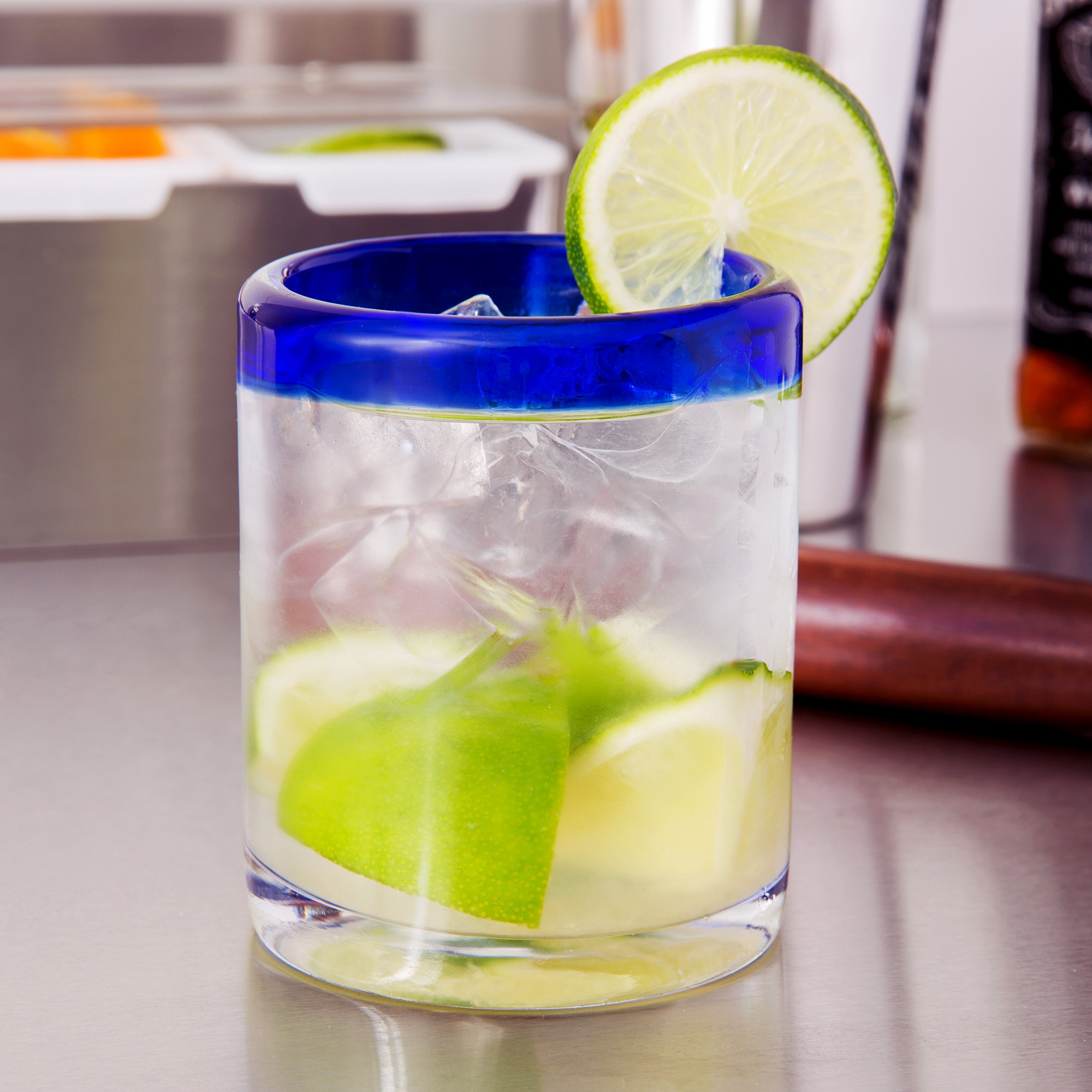 MEXICAN GLASSWARE Artisan Crafted Recycled Hand Blown 2.5 oz. Rocks Shot Glass with Cobalt Blue Rim