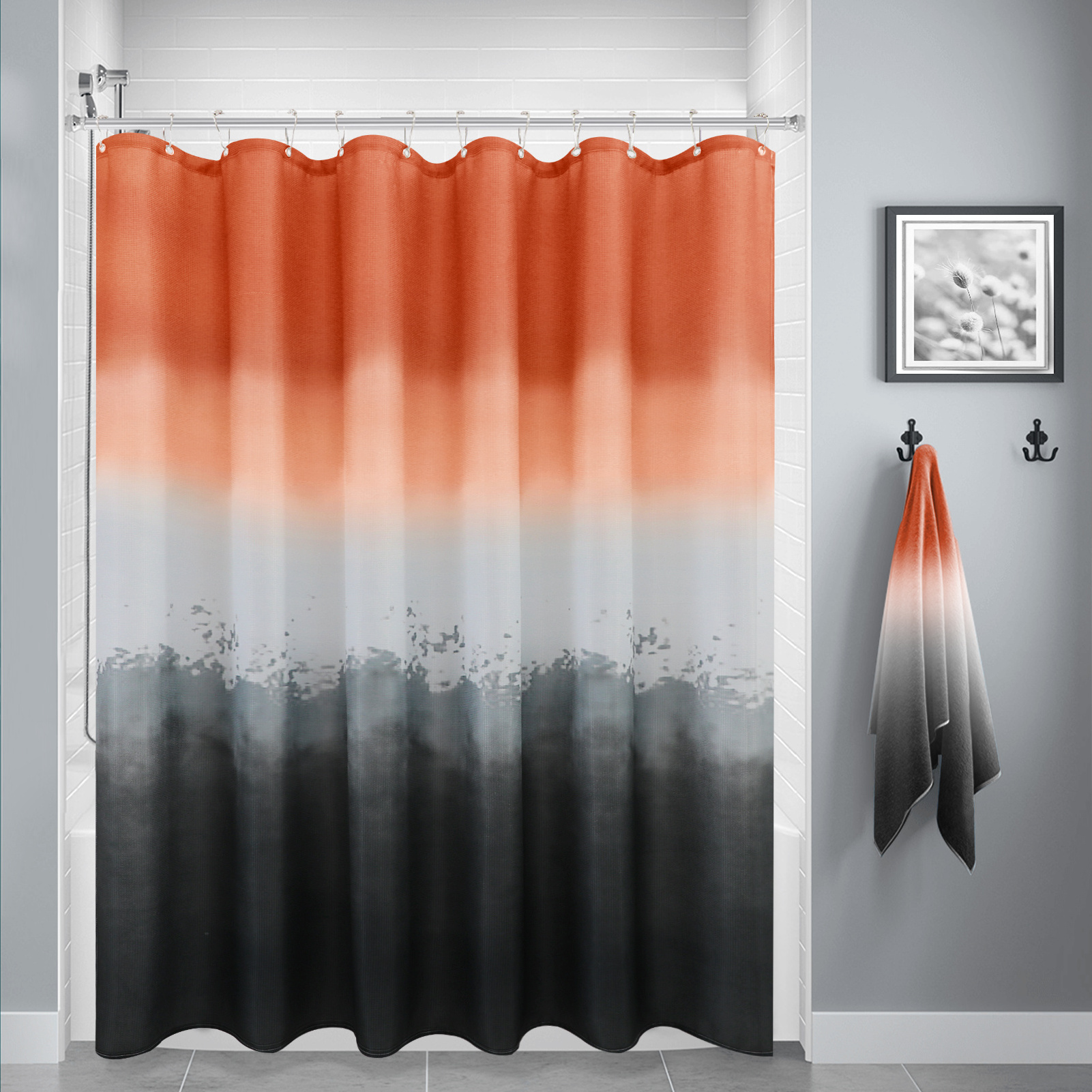 High Quality Hotel Polyester Machine Washable Fabric Shower Curtain with Waffle Weave and Hooks for Bathroom Shower and Bathtubs