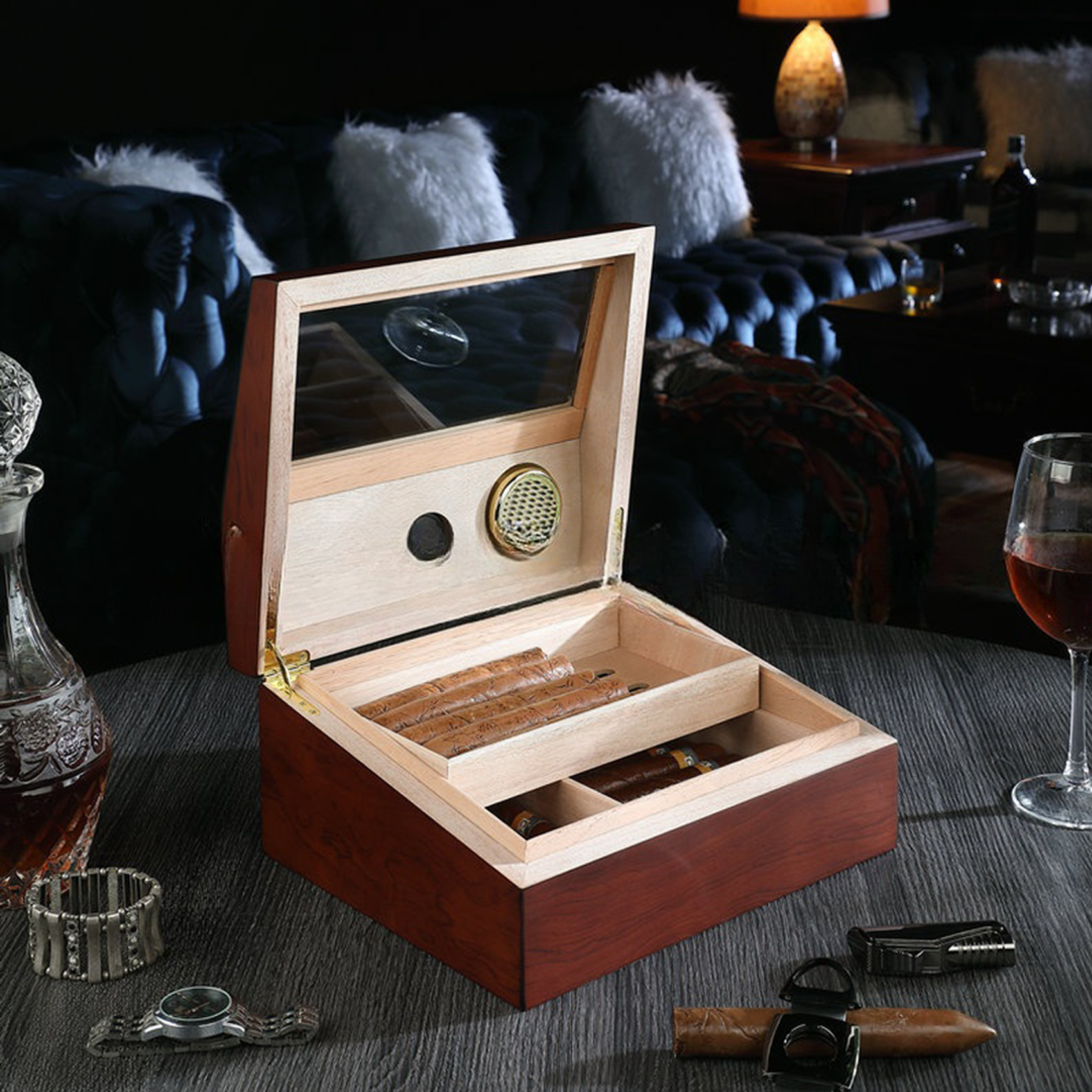 Double layer High quality Display Glass top Cigar Humidor Cigar Storage with Humidity Control Premium Wood Cigar Gift PackingBox