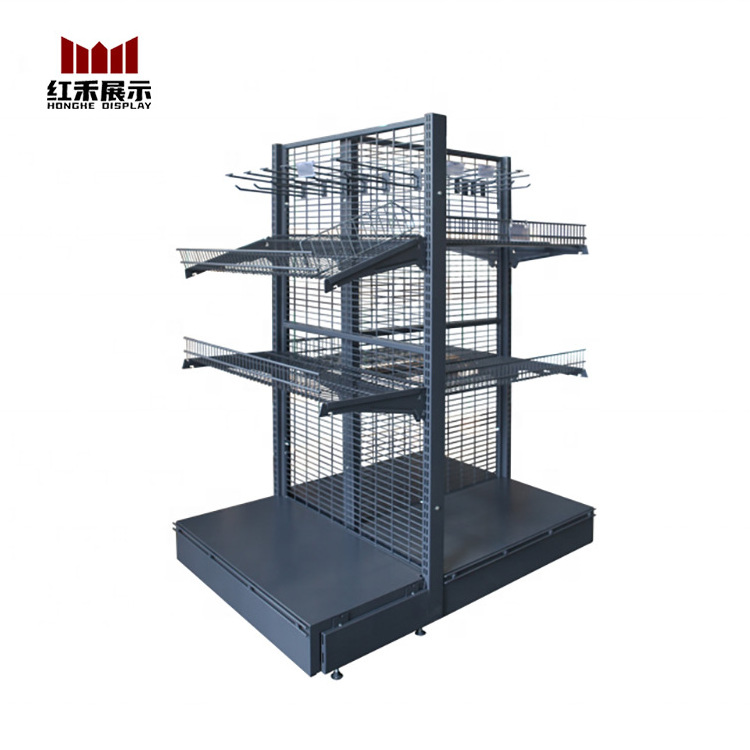 Hong He China factory adjustable double side gondola grocery store shelf used for shop and supermarket