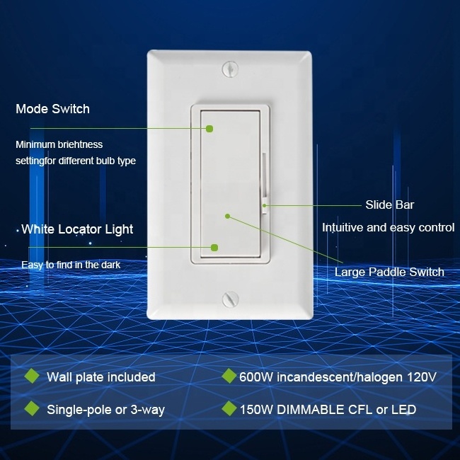 Single Pole/3 Way Dimmer Switch UL For Dimmable LED, Halogen and Incandescent Bulbs with Wallplate,2Locations