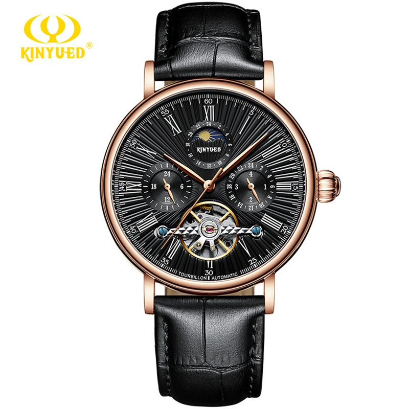 KINYUED Classic Men Retro Watches Automatic Mechanical Waterproof Watch Tourbillon Clock Genuine Leather Moon Phase Wristwatches