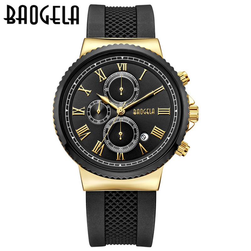 Baogela 1708 Top Luxury Brand Men Wrist Watch Silicone Waterproof Business Chronograph Calendar Sports Quartz Watch