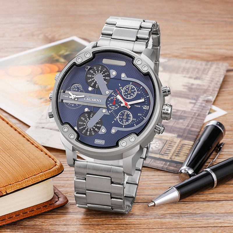 New Arrivals 2018 Mens Watch Vintage Stainless Steel Double Time Calendar Male Quartz CAGARNY Luxury Men Wrist Watch