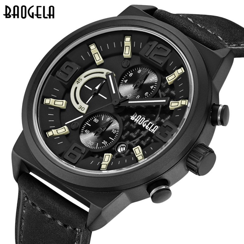 2018 Fashion Men Luxury Brand Baogela 1709 3D Large Dial Leather Waterproof Calendar Chronograph Sports Quartz Watch