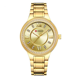 Top Fashion Women Curren 9004 Luxury Crystal Elegant Bracelet Waterproof Lady Quartz Luxury Female Golden Stainless Steel Watch