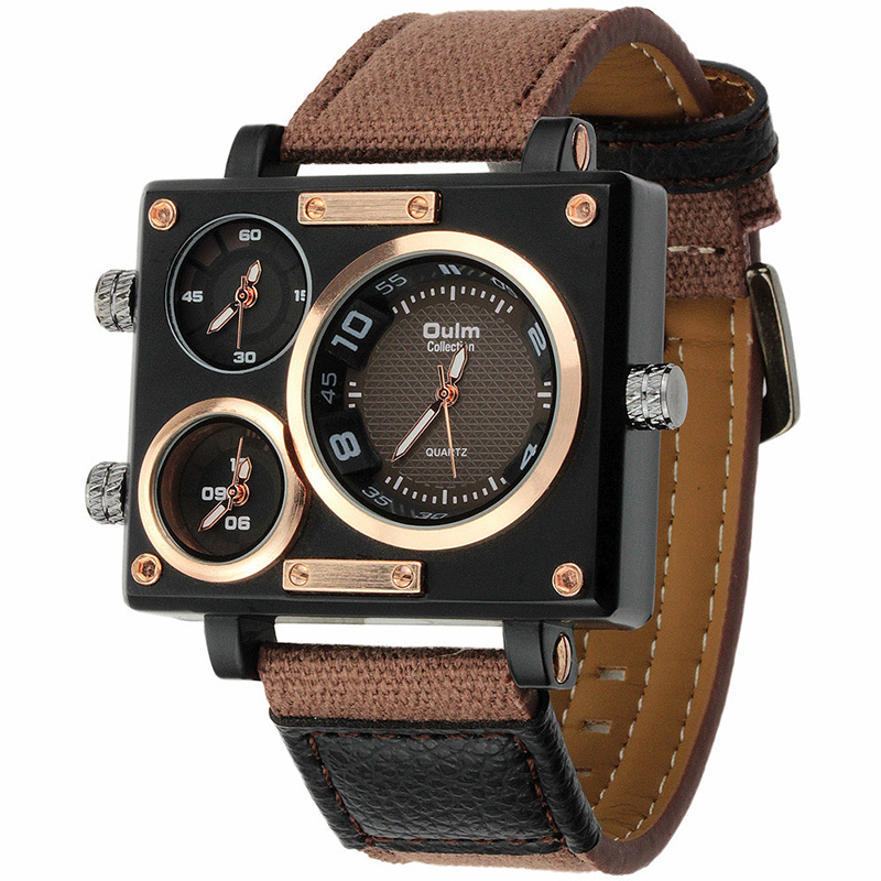 Oulm 3595 Brand Men Wrist Watches Retro Canvas Leather  3 Time Zone Large Rectangle Dial Luxury Quartz Sports Watch