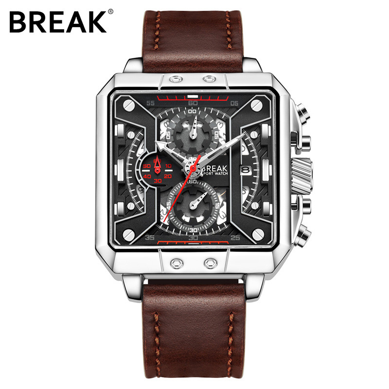 Original Brand Luxury Break Wrist Watch Gent's Fashion Square Calendar Chronograph Waterproof Quartz Sports Mens Leather Watch