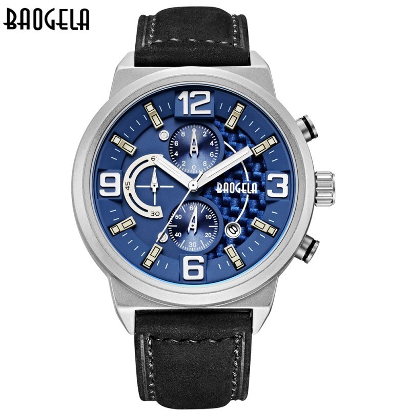 2018 Fashion Men Luxury Brand Baogela 1709 3D Large Dial Leather Waterproof Calendar Chronograph Sports Quartz Watch