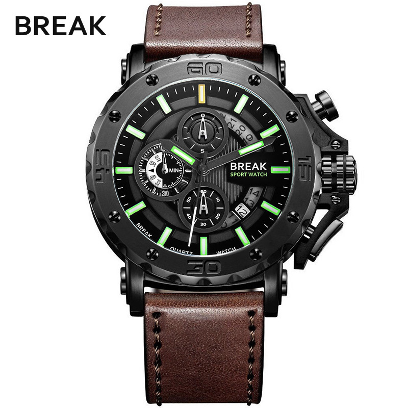 Break Brand Men Watches Leather Strap Fashion Luminous Hand Date Clock Waterproof Chronograph Quartz Watch Hot Sale