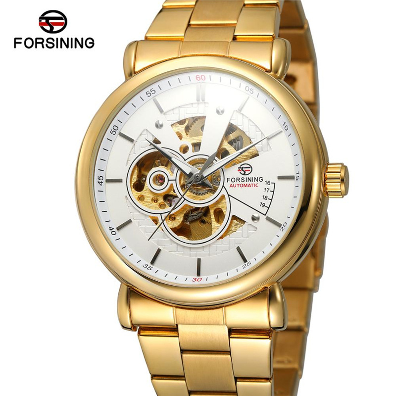 Forsining 726 Brand Luxury Men Wrist Watches Full Stainless Steel Fashion Skeleton Analog Dial Men Automatic Mechanical Watch