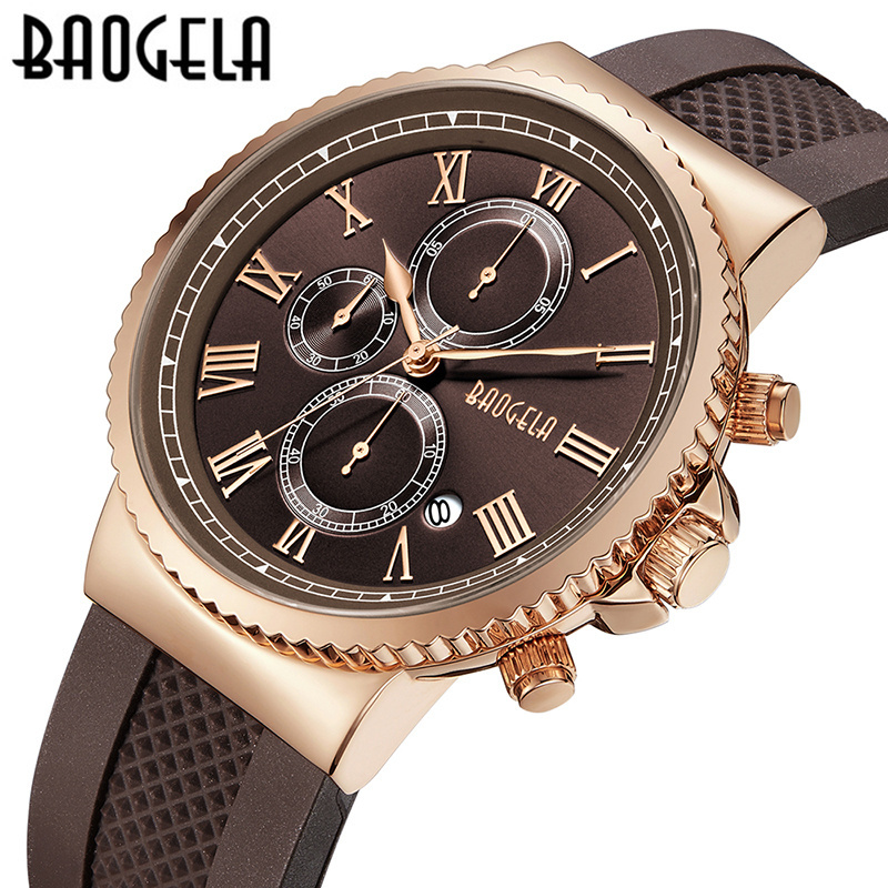 Baogela 1708 Top Luxury Brand Men Wrist Watch Silicone Waterproof Business Chronograph Calendar Sports Quartz Watch