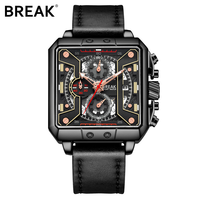 Original Brand Luxury Break Wrist Watch Gent's Fashion Square Calendar Chronograph Waterproof Quartz Sports Mens Leather Watch