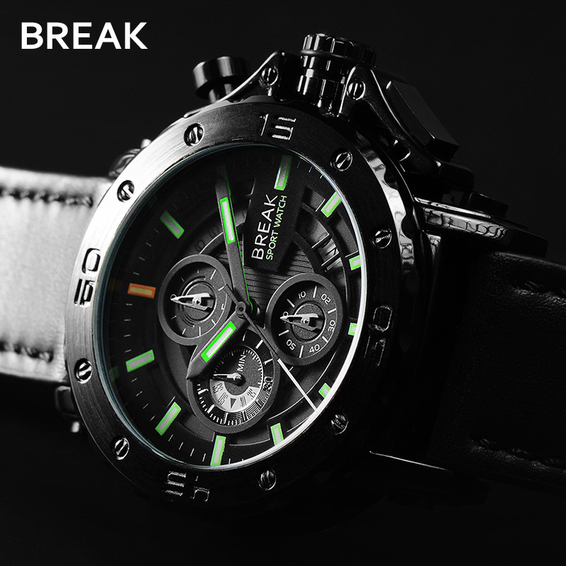 Break Brand Men Watches Leather Strap Fashion Luminous Hand Date Clock Waterproof Chronograph Quartz Watch Hot Sale