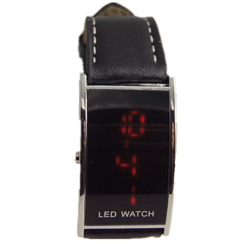 latest watched 2016 women fashion rectangle bindge shape glass faces black leather strap red led men sports digital watch