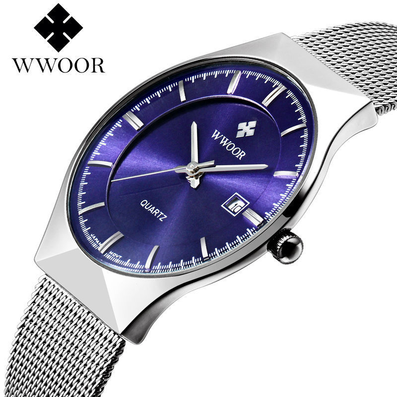 WWOOR Brand Simple Fashion Thin Dial Male Leisure Wrist Watches Quartz Analog Men Business Stainless Steel Luxury Watch