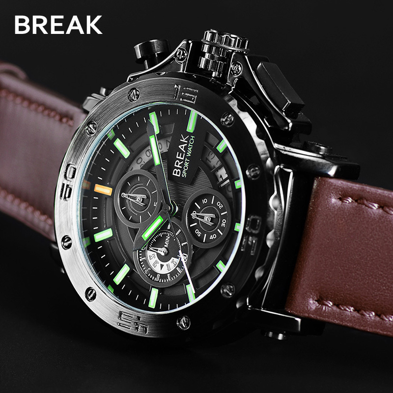 Break Brand Men Watches Leather Strap Fashion Luminous Hand Date Clock Waterproof Chronograph Quartz Watch Hot Sale