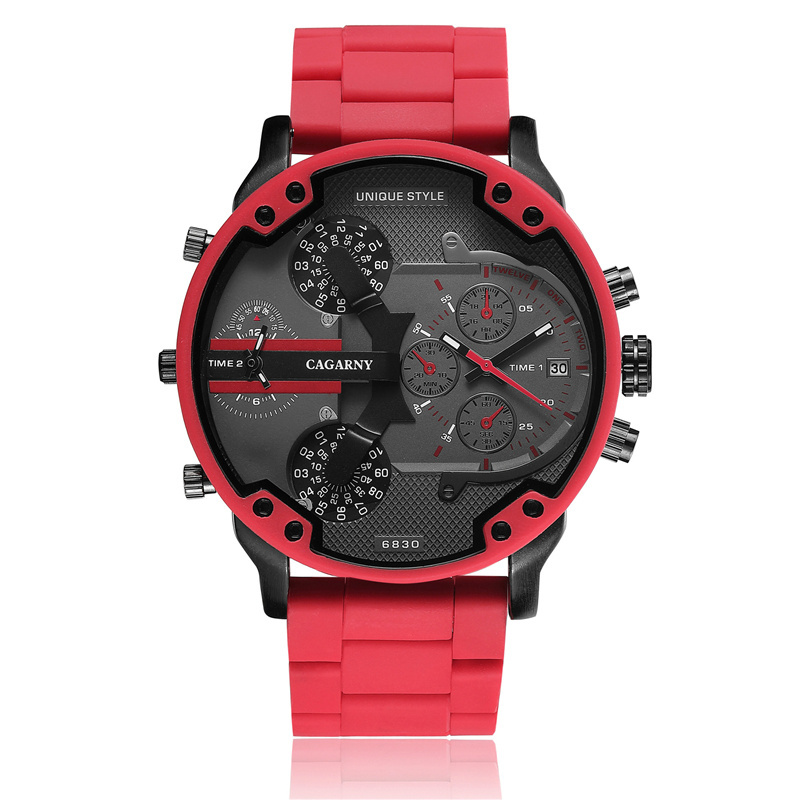 Luxury Cagarny 6830 Quartz Watch Men Cool 57mm Big Case Red Silicone Steel Band Sport Wrist Watch Man  Relogio Masculino