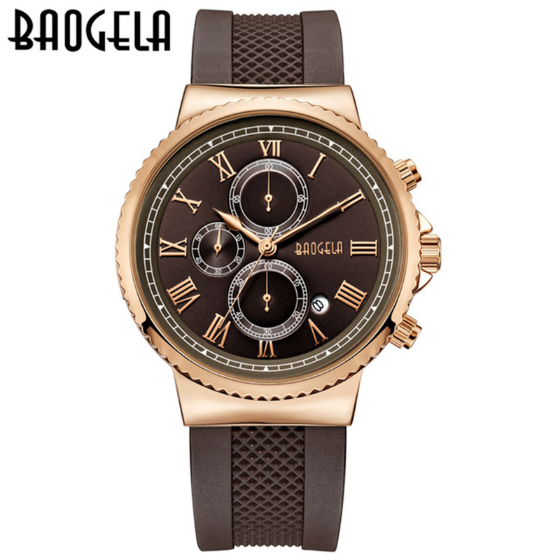 Baogela 1708 Top Luxury Brand Men Wrist Watch Silicone Waterproof Business Chronograph Calendar Sports Quartz Watch