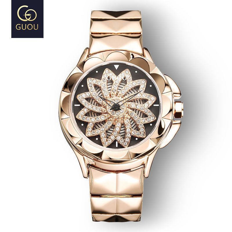 GUOU Luxury Rhinestones Rose Dial Fashion Watches with Leather Band New Quartz Wristwatches for Women